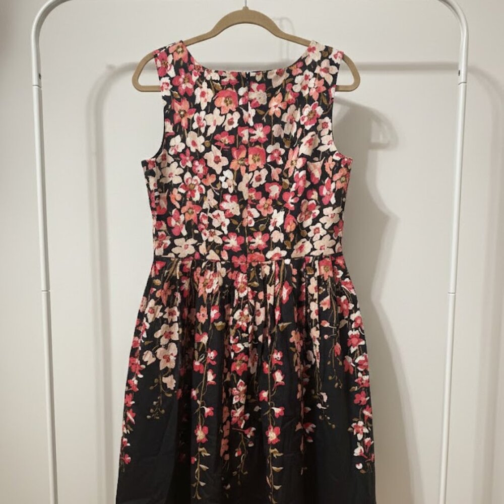 Talbots Tea-Length Black & Pink Sleevless Floral Dress, Size 10